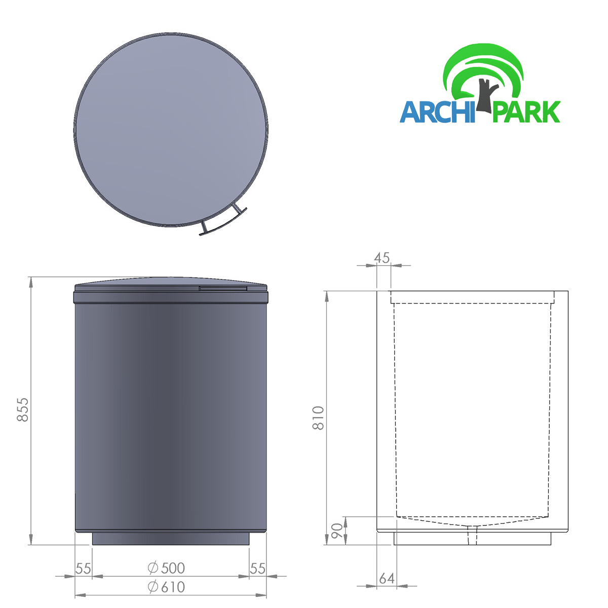 Technische Zeichnung - Abfallbehälter aus Beton mit deckel id. 1011