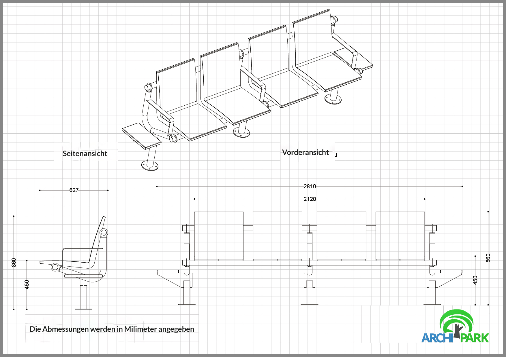 Technische Zeichnung - Flughafenbank aus Edelstahl 3 Sitze INOX LSN 13.02