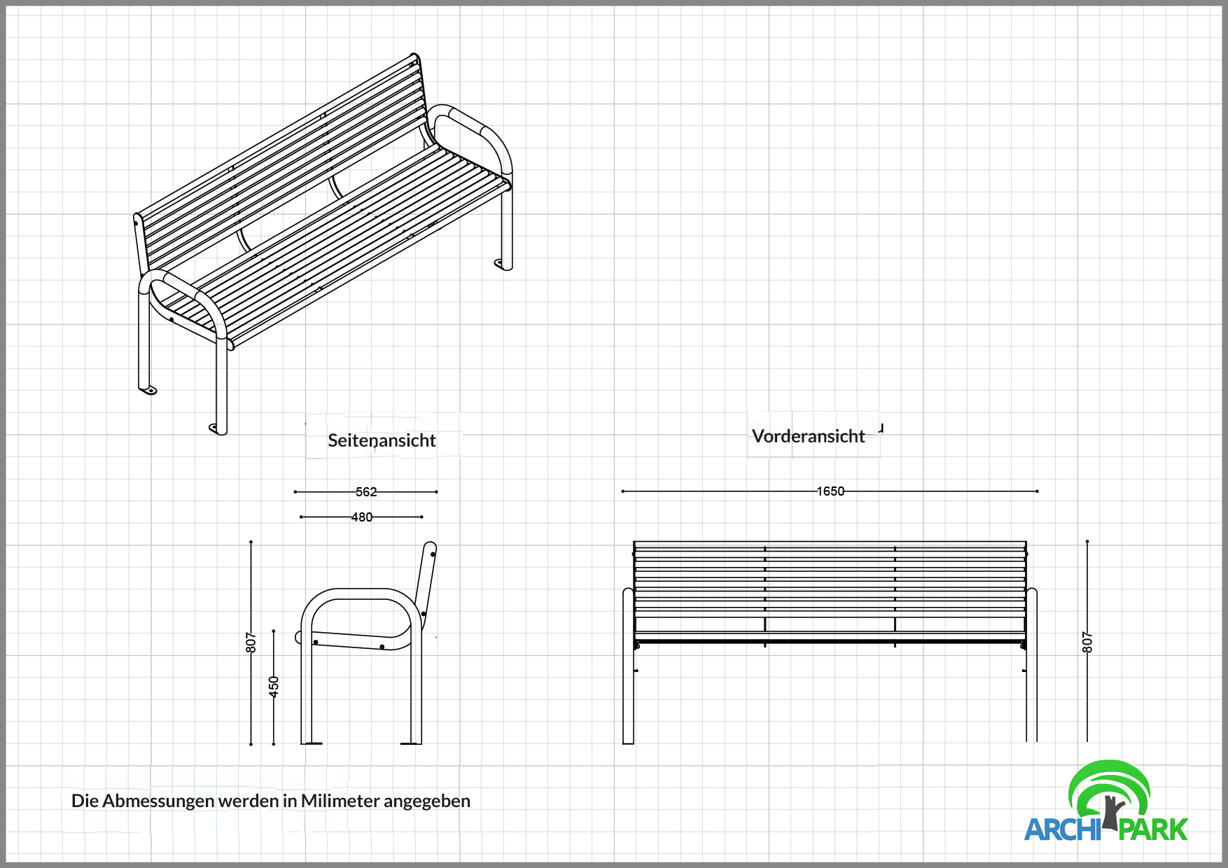 Technische Zeichnung - Edelstahl-Sitzbank mit Rückenlehne INOX LSN 16.02