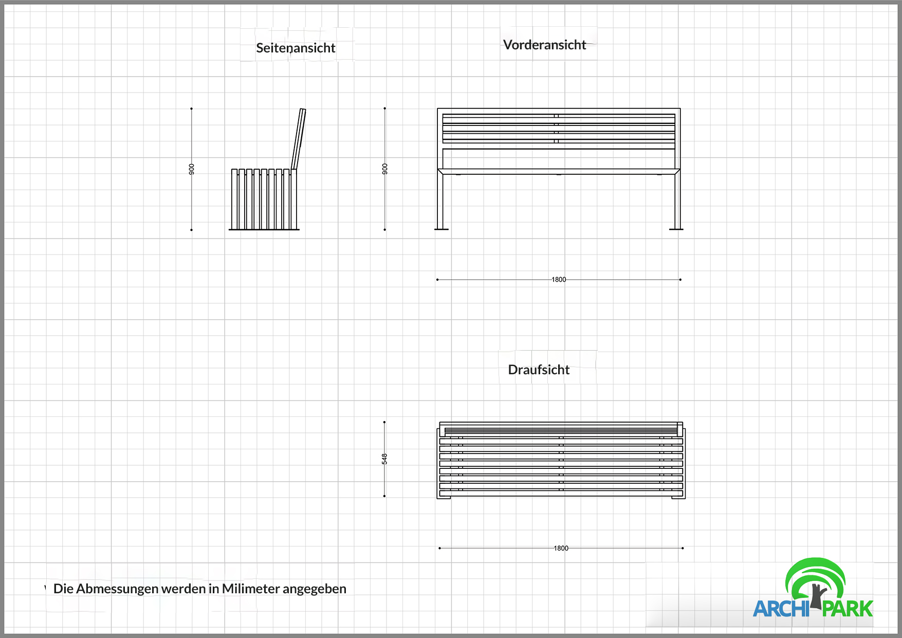 Technische Zeichnung - Edelstahl-Bank mit Rückenlehne INOX LSN 18.01