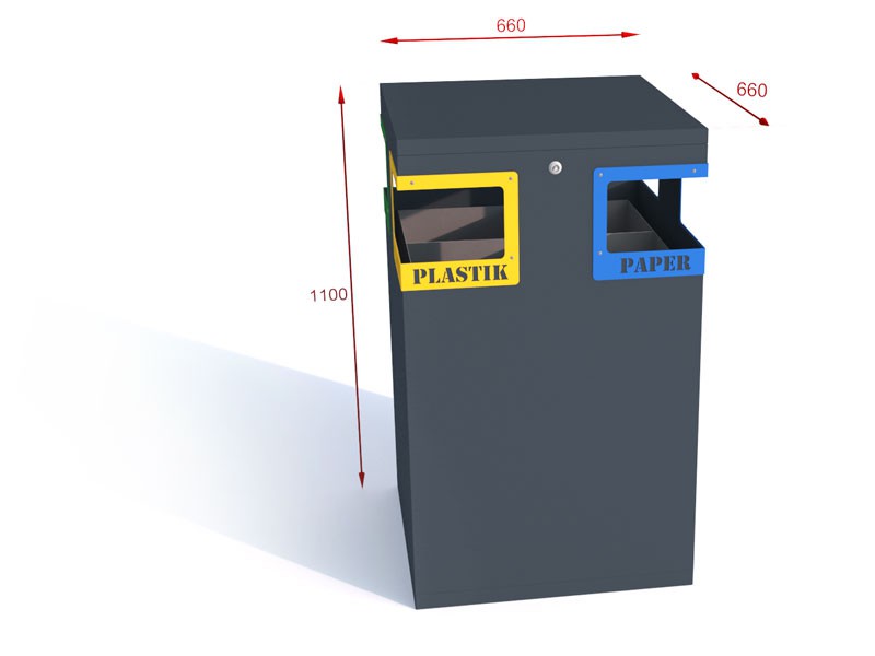 Technische Zeichnung - OLIMP IX Abfalltrennbehälter 4-Fach 4x80l Aufschriften – Laserschnitt