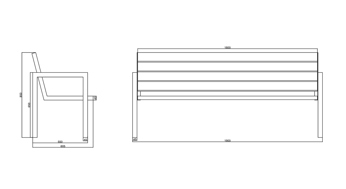 Technische Zeichnung - Parkbank aus Edelstahl mit Holzebelattung INOX KR03