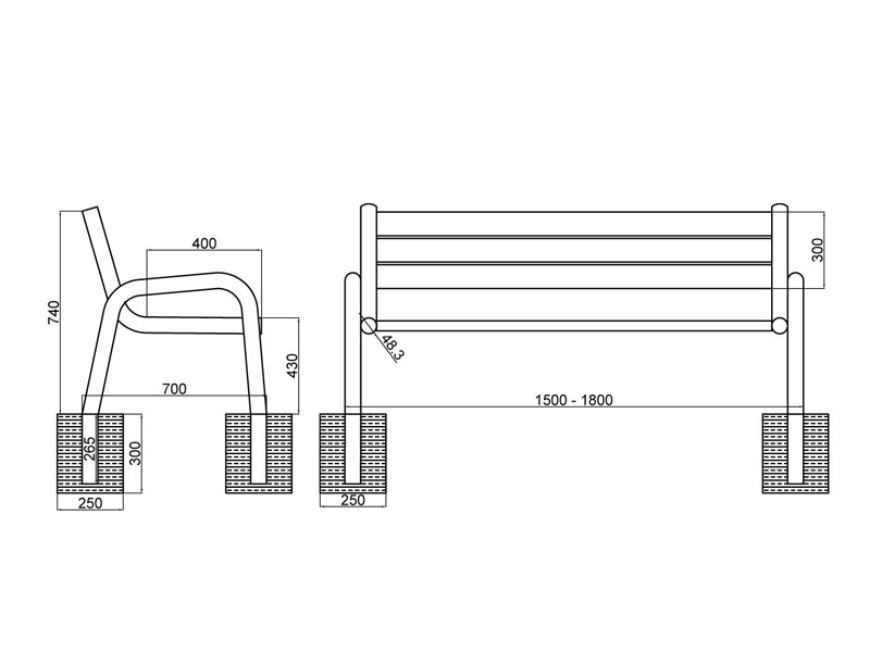 Technische Zeichnung - INOX KR07 – die Sitzbank mit Lehne aus Edelstahl
