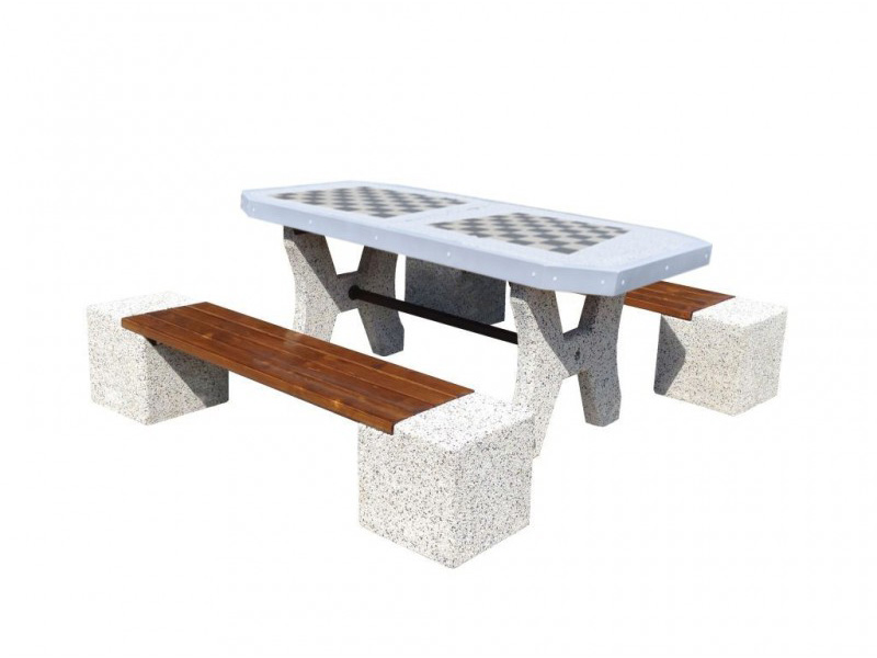 Doppelspieltisch aus beton “Schach / Ludo”; bänke ohne Lehne/ modell 511B - tischgrose: 200cm x 90cm, Höhe 78cm.