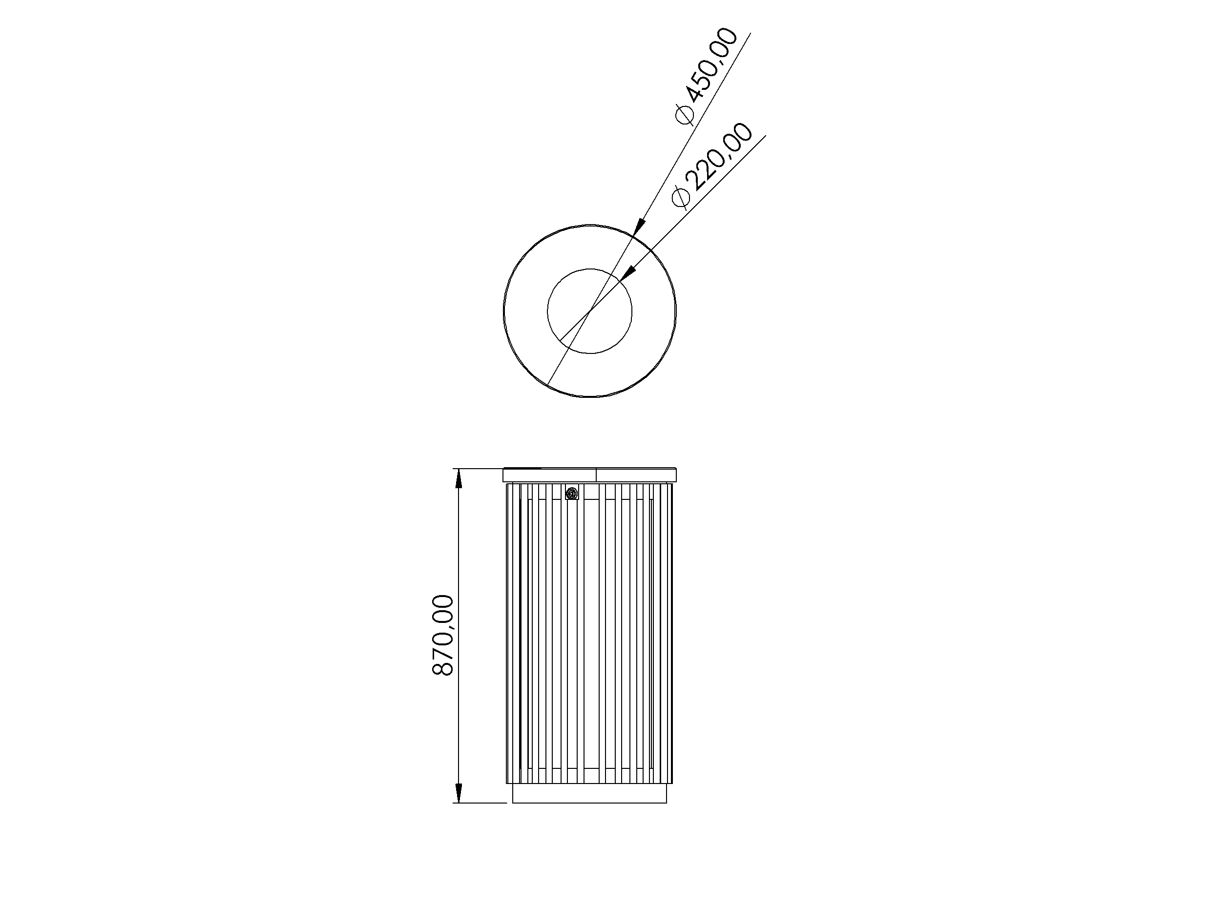 Technische Zeichnung - Abfallbehälter KNS S MAR11 – 45cm, aus Stahl, außenbereich
