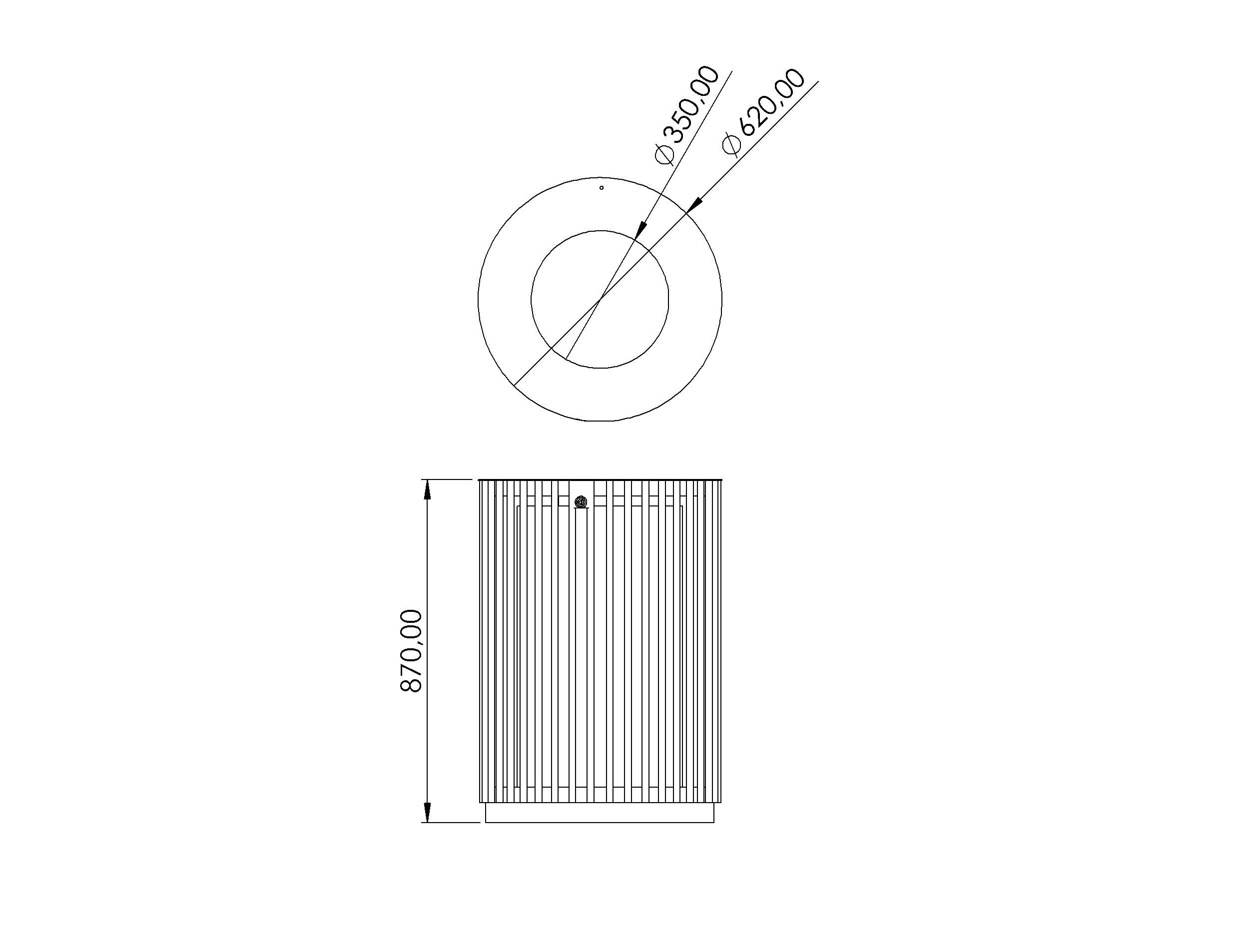 Technische Zeichnung - Abfallbehälter KNS S MAR12 – 62cm, aus Stahl, außenbereich
