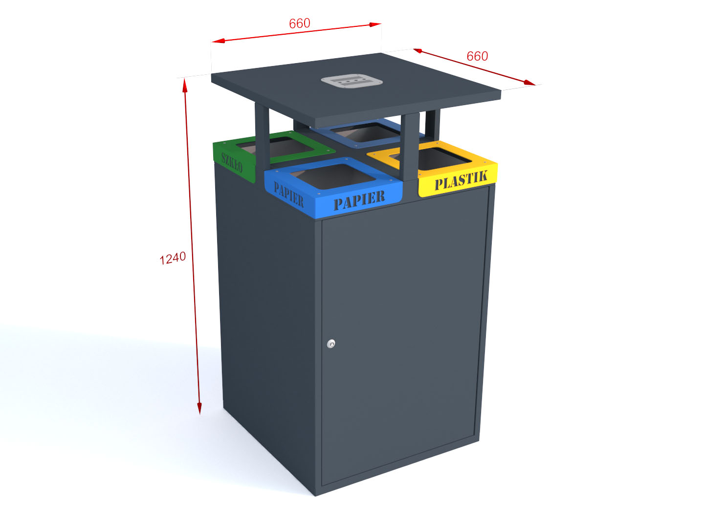 Technische Zeichnung - OLIMP VIII Abfalltrennbehälter 4-Fach 4x80l; mit Deckel;  Aufschriften – Laserschnitt