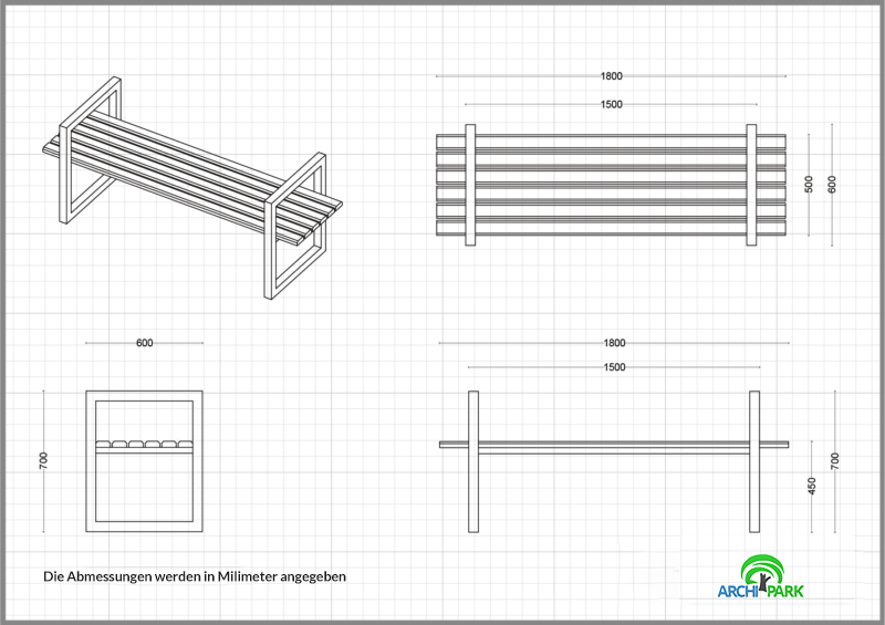 Technische Zeichnung - Bank aus Edelstahl und Holz INOX LSN 10.02