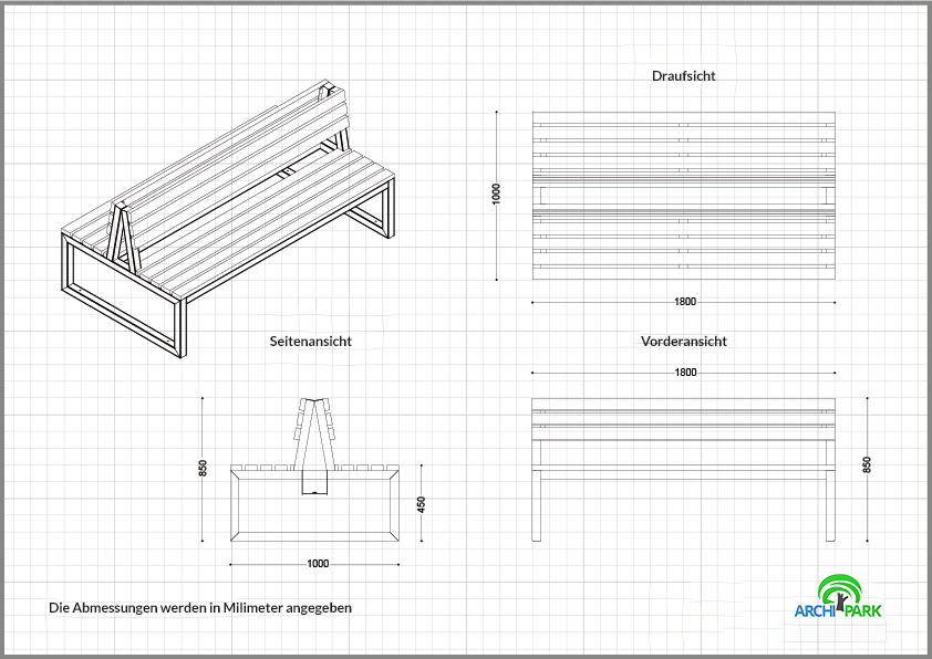 Technische Zeichnung - zweiseitige Bank aus Edelstahl und Holz INOX LSN 10.05 ERLE, SAPELLI