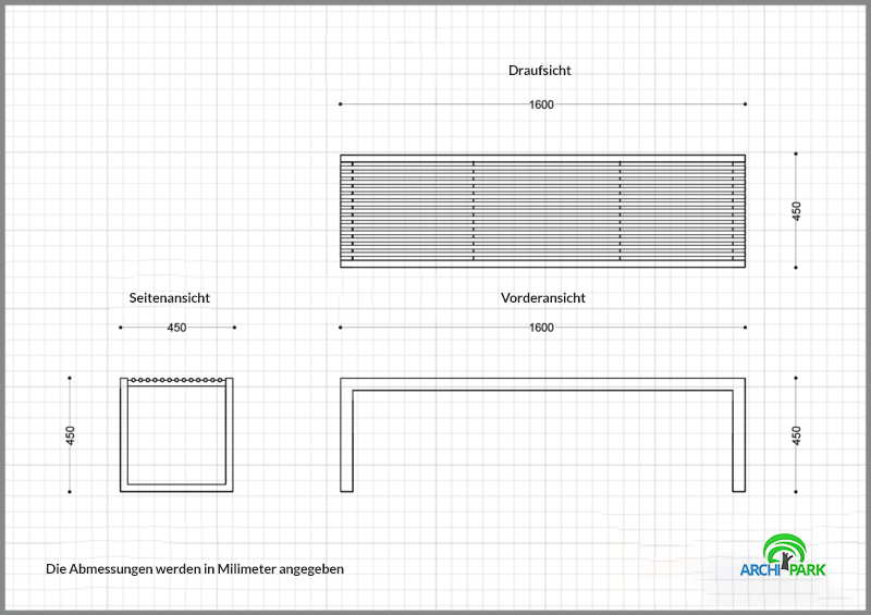 Technische Zeichnung - Parkbank aus Edelstahl INOX LSN 11.07