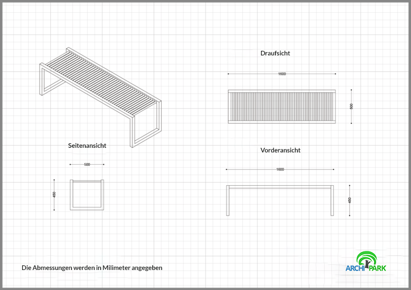 Technische Zeichnung - Sitzbank aus Edelstahl INOX LSN 12.05