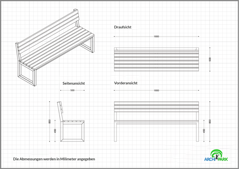 Technische Zeichnung - Parkbank aus Edelstahl und Holz INOX LSN 10.03 ERLE, SAPELLI
