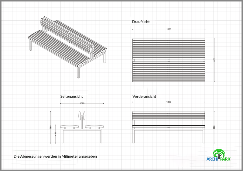 Technische Zeichnung - zweiseitige Bank aus Edelstahl mit Rückenlehne INOX LSN 12.19 ERLE, SAPELLI