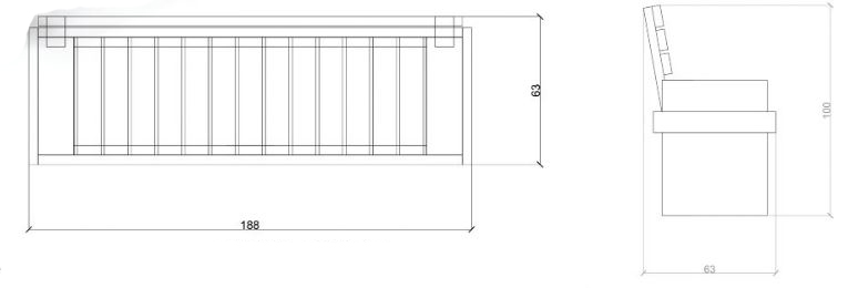 Technische Zeichnung - Parkbank aus Beton mit Rückenlehne LUMIA id. 1034