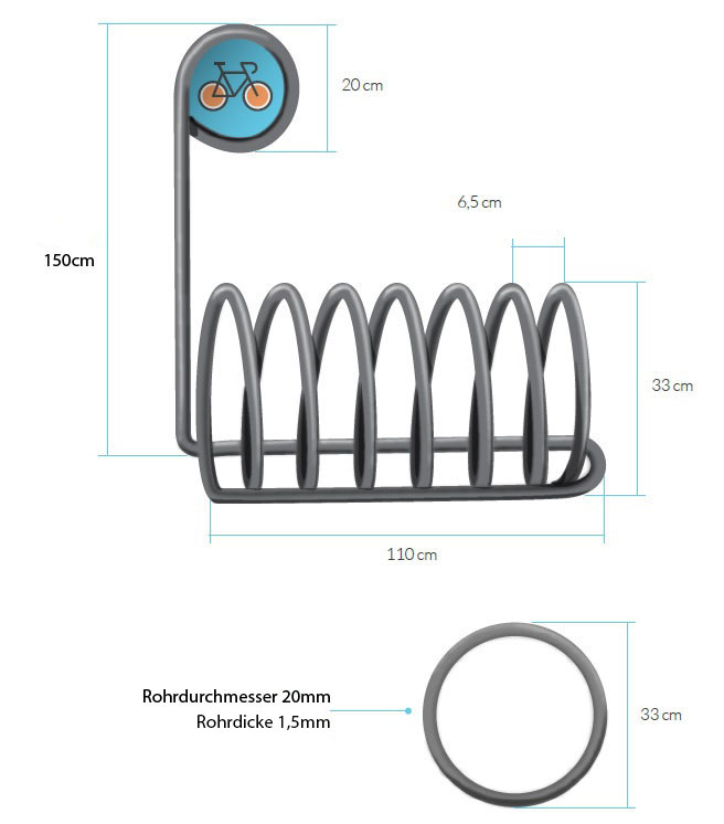 Technische Zeichnung - Spiral-Fahrradständer/Spiralparker mit Schild „Parkplatz”